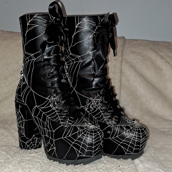 Doll's Kill Shoes - Elegant Black Spider Web Lace-Up Boots